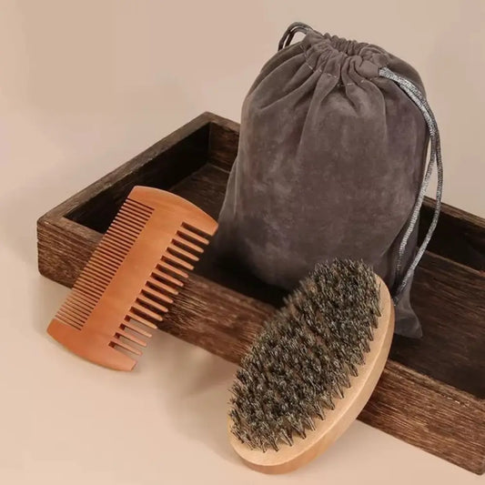 Wooden Beard Comb & Boar Bristle Brush Set